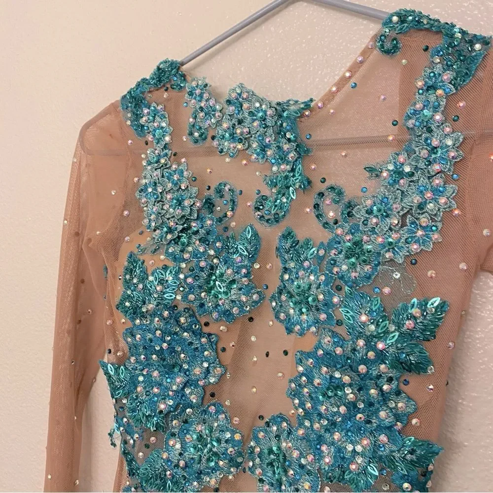 Custom Solo Dance Costume Teal Blue Lyrical Competition nude illusion SA adult